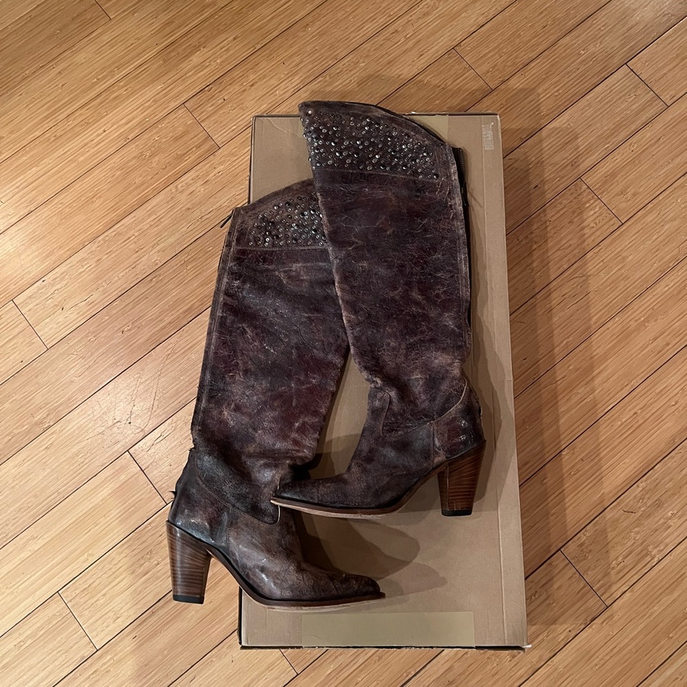 Frye Demi Studded “Grey” Crackle Leather Motorcycle Biker Riding Boots